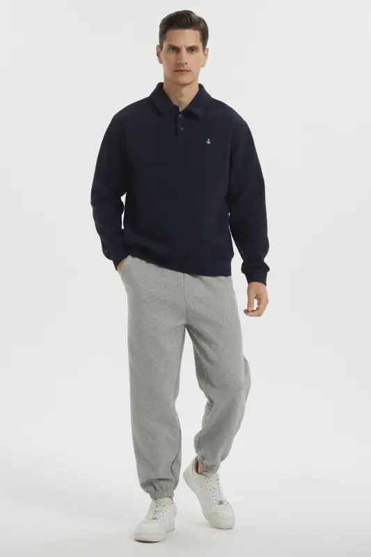 Long Sleeve Polo Sweatshirt  Regular Fit Button V Neck