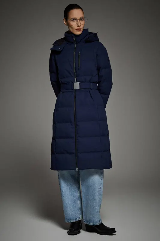 Celeste Long Hooded Belted Down Coat